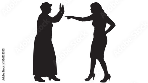 People silhouette arguing scene with two women in confrontation, one pointing finger and other raising hands, conflict gesture concept isolated on white background