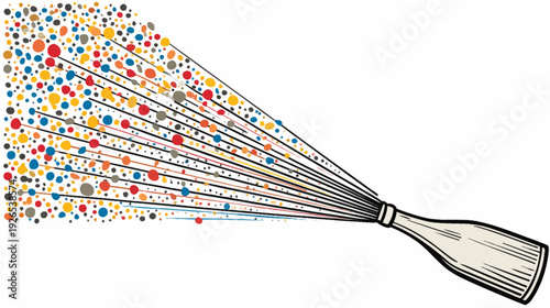 A bottle sprays colorful dots through lines against a white background