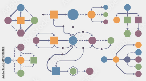 Complex network diagram with interconnected nodes and arrows
