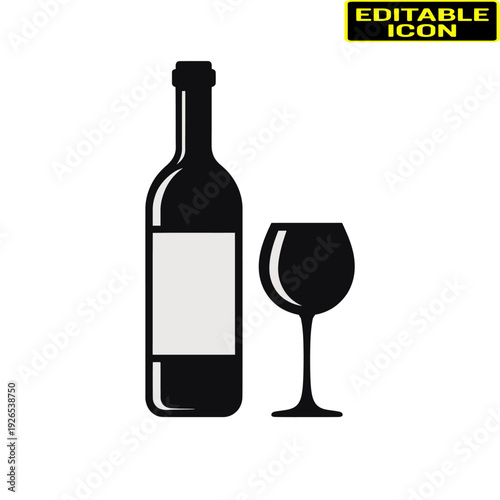 A bottle of red wine and a glass on a reflective surface. Vector, illustration