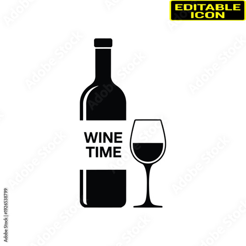 A bottle of red wine and a glass on a reflective surface. Vector, illustration
