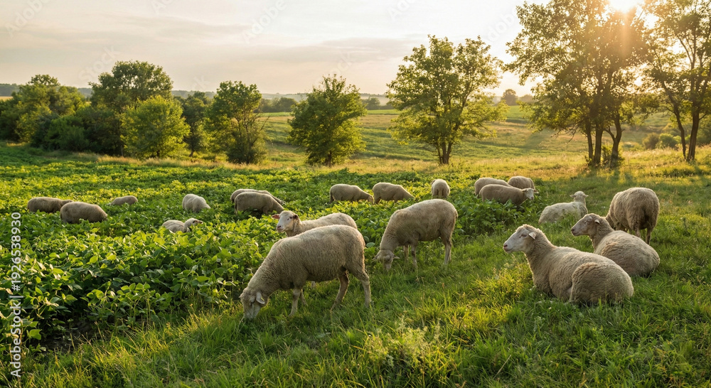 Obraz premium Fluffy sheep grazing in green pasture landscape