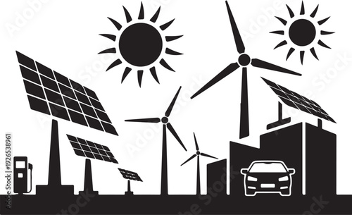 Black and white of renewable energy sources and electric vehicle