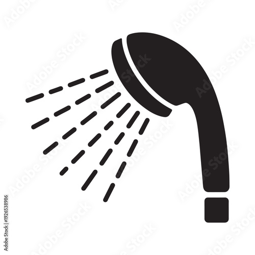 A simple black and white icon depicting a showerhead with falling water droplets