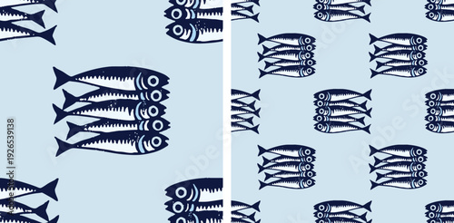 Seamless Sardine Pattern, Navy Blue Fish Repeat Background, Coastal Nautical Vector