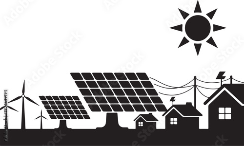 Black and white of renewable energy sources and homes