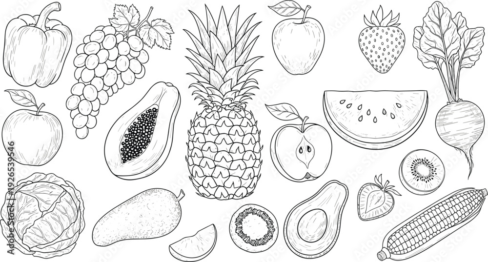 Fototapeta premium Hand Drawn Fruit and Vegetable Collection Vintage Botanical Sketch Set Healthy Food Ingredients Isolated Black and White Vector Illustration