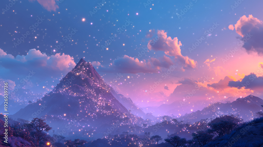 Fototapeta premium Fantasy mountain landscape glowing under a colorful sunset sky with floating lights.