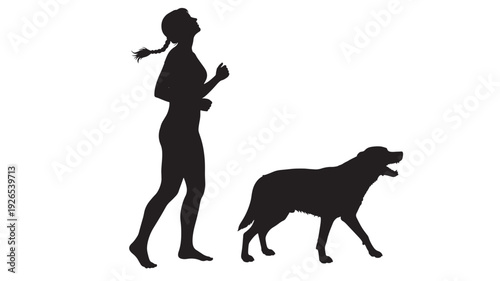 Woman silhouette walking dog with pigtail hairstyle together featuring female, pet, companion with activity and fitness elements for exercise, outdoors projects, clean composition on simple background