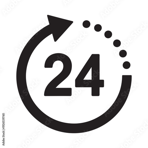Black icon depicting a circular arrow and the number twenty four