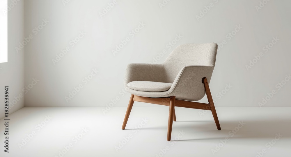 Fototapeta premium Minimalist space with modern armchair featuring wooden legs and soft textured upholstery