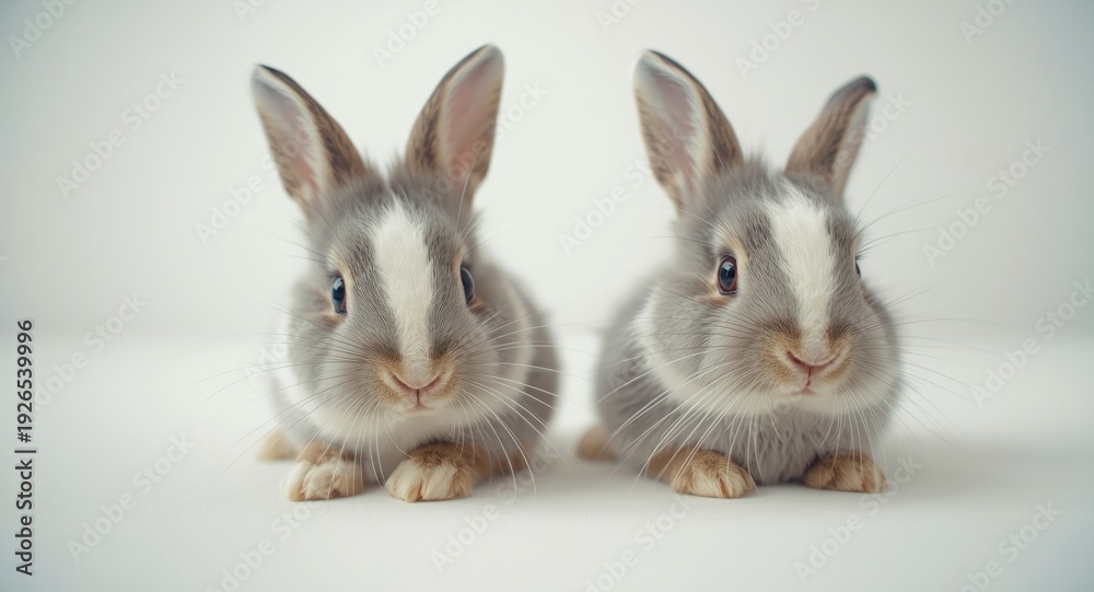 Fototapeta premium Playful European baby rabbit showing two distinct poses on white photographic backdrop
