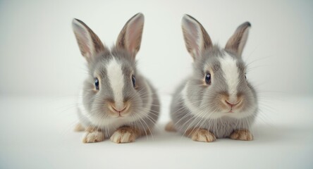 Playful European baby rabbit showing two distinct poses on white photographic backdrop