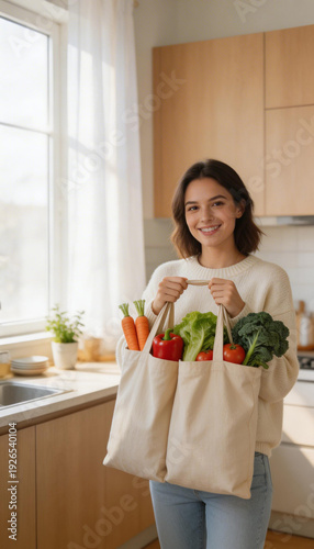 A woman is holding two bags of vegetables in a kitchen