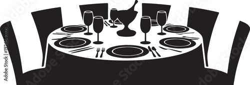 Black and white table setting for six people with wine glasses