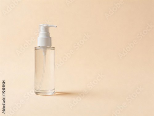 A clear bottle of lotion sits on a tan background. The bottle is almost empty