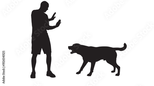 Dog aggressive barking silhouette facing standing man with raised hands, warning and fear concept, domestic animal threat scene isolated on white background