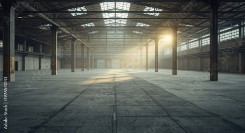 empty factory style interior with rough industrial floor and soft indirect illumination