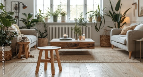 Scandinavian living room interior with vintage decor and chic wooden stool