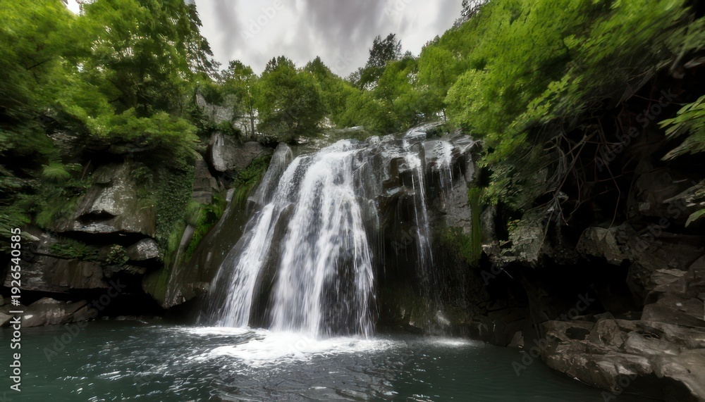 Fototapeta premium Majestic waterfall cascading into a serene pool surrounded by lush greenery.