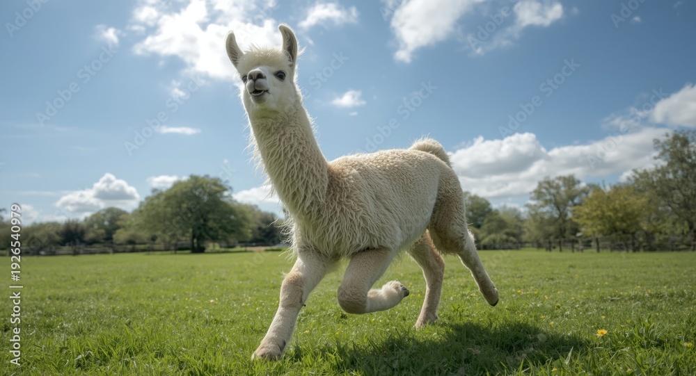 Obraz premium Happy llama playing on green grass lawn full length summer day