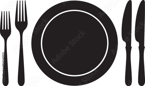 Black plate with utensils fork knife 1 table setting