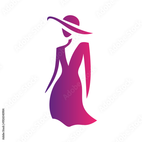 Logotipo de boutique de moda femenina. Dibujo sencillo con la silueta de una mujer con vestido y un sombrero de ala ancha color violeta, vista de perfil