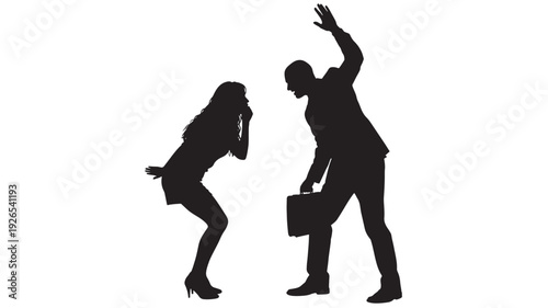 Couple silhouette arguing with businessman raising hand and woman covering mouth, conflict confrontation concept, office relationship tension isolated on white