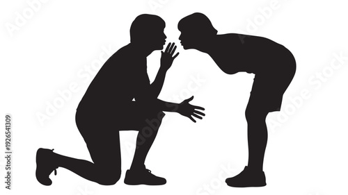 Silhouettes couple romantic proposal scene with kneeling man offering engagement gesture, love relationship moment isolated on white background, minimalist black cutout style