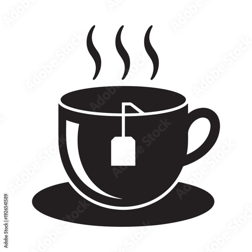 A black silhouette of a teacup with a tea bag and rising steam