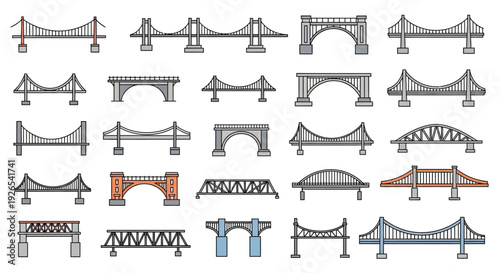 Collection of various bridge designs in a flat linear illustration