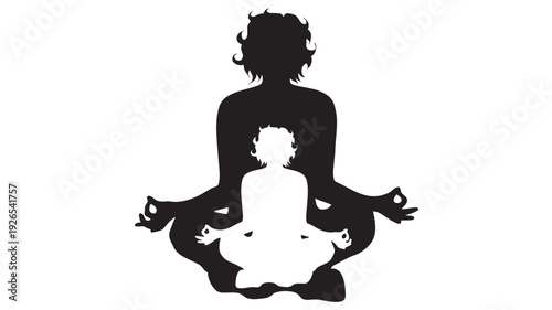 Silhouette meditation yoga pose with adult and child sitting cross legged in lotus position, calm mindfulness concept icon, black and white isolated design