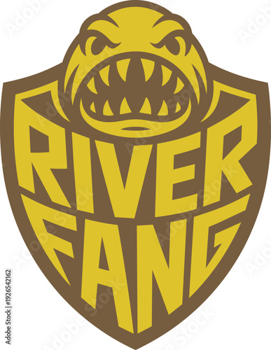 Angry piranha fish mascot logo for river fang sports team in an old school style, t-shirt design