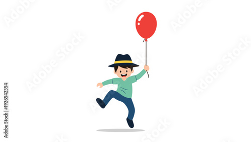 Joyful young boy wearing a black hat and jumping high in the air while holding a single red balloon on a long string.