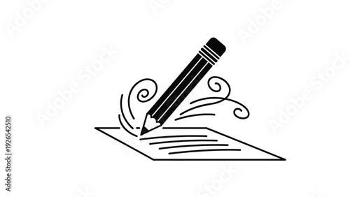 Black and white illustration of a pencil writing on a sheet of paper with stylized motion swirls and decorative lines.