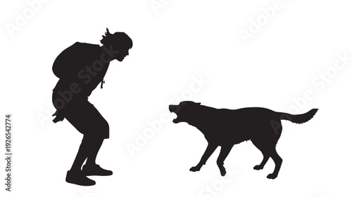 Dog confronting crouching person silhouette, aggressive barking pet facing human, tense training or threat scene, black cutout figures isolated on white background
