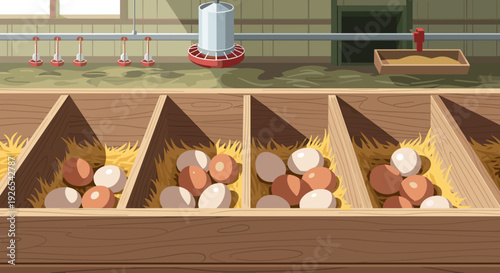 Eggs collected in wooden crates on a farm with straw bedding  