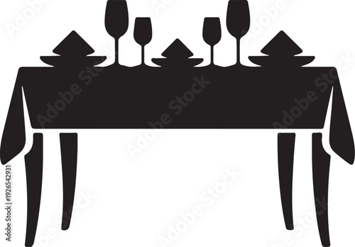 Black silhouette of a table set for dinner white background
