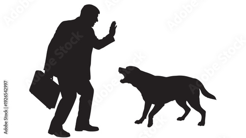 Man silhouette threatened by aggressive dog with raised hand and briefcase, confrontation and fear concept, black cutout style isolated on white background