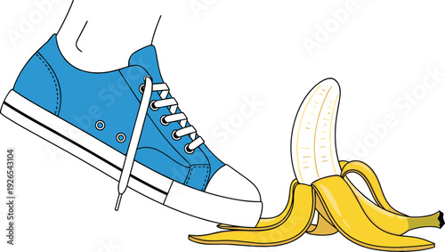 Slipping on Banana Peel Cartoon Illustration with Sneaker Shoe Accident Concept Funny Mistake Hazard Warning Vector Design