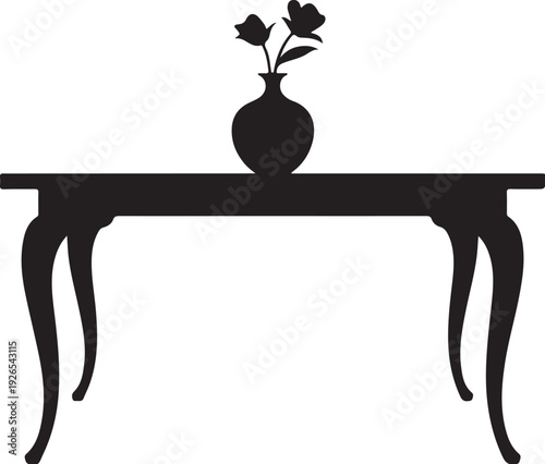 Black silhouette of a table with a vase and flowers