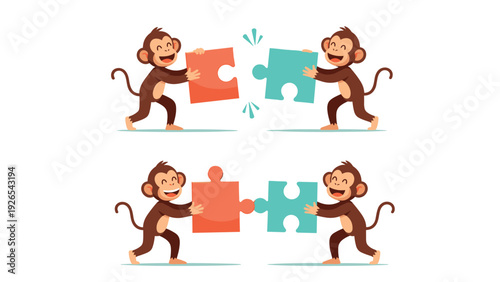 Educational comparison of two monkeys working on a puzzle showing the pieces separated and then perfectly joined.