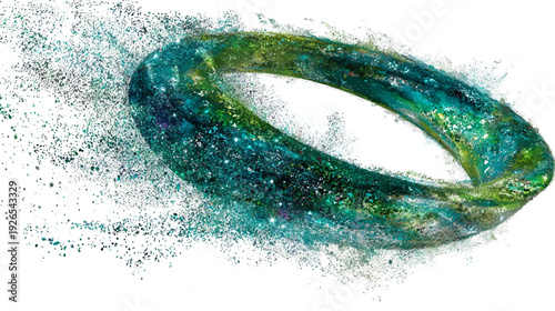 An abstract, brightly colored, 3D toroid shape with a shimmering, fragmented effect