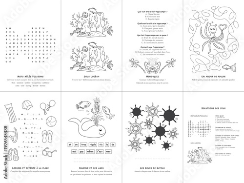 Set of seven games on the theme of the sea. Game and coloring page for kids. French language. Vector illustration. Set No. 4.