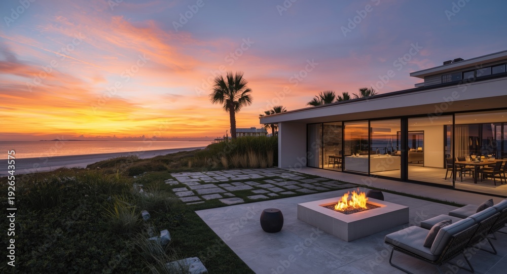 Fototapeta premium Sunset backdrop highlighting a modern beach residence with fire pit lounge