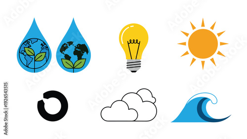 Collection of ecological and natural resources icons including water, sun, wind, clouds, waves, and recycling symbols.
