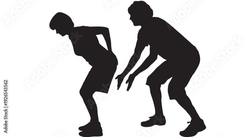 Players basketball defense drill silhouette with two athletes in low stance, one guarding and one moving, isolated black figures on white background for sport design