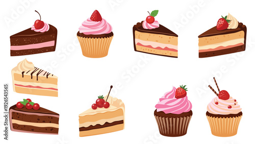 Mouthwatering collection of different cake slices and cupcakes decorated with strawberries, cherries, and frosting.
