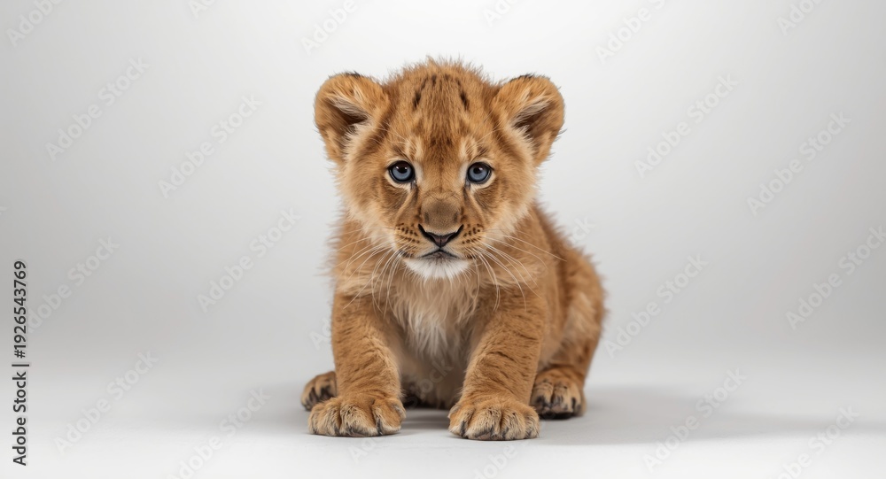 Obraz premium Studio shot highlighting a lion cub on a simple white backdrop with fine-tuned post editing