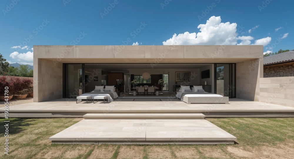 Fototapeta premium Sleek renovation of modern home with stone deck patio and balcony access from sleeping and bathroom spaces
